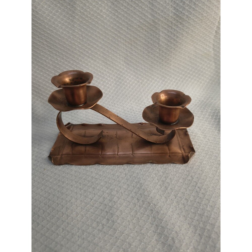 Vintage Solid Copper Double Candle Holder Ribbon Scroll Candelabra Made in USA